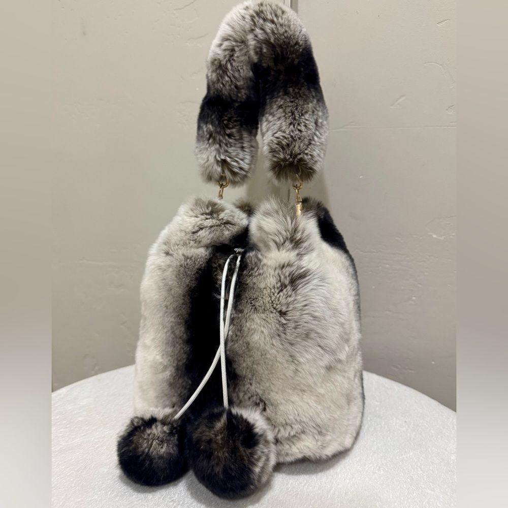 Handmade 2 Tone Real Rex Rabbit Fur Drawstring Bucket Bag,Includes 2 Straps - Picture 5 of 15
